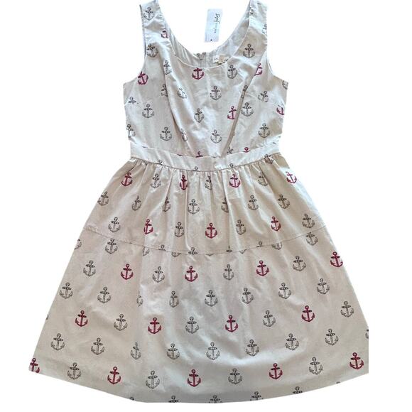 MAISON JULES NEW! Beige/Red Anchors Nautical Cotton Fit N Flare Dress Medium NWT - Picture 1 of 7